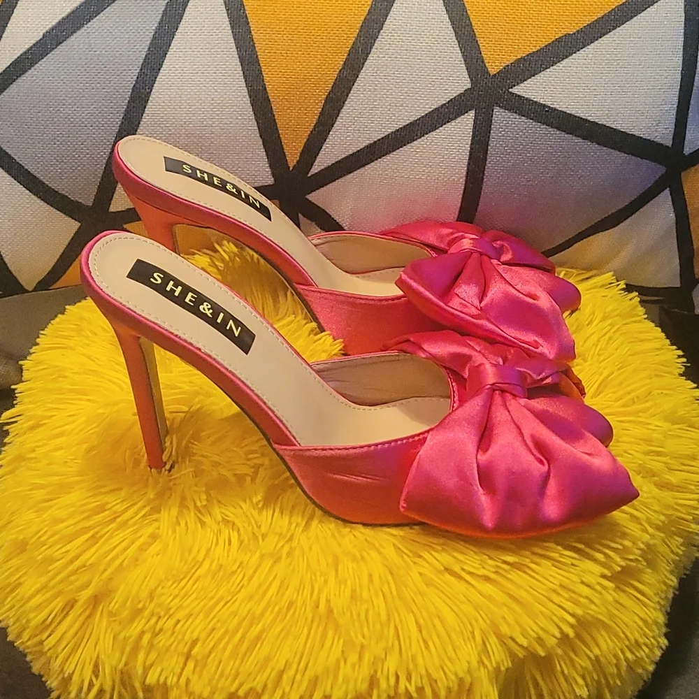 Pink Satin Bow High Heeled Mule Shoe - Picture 3 of 6